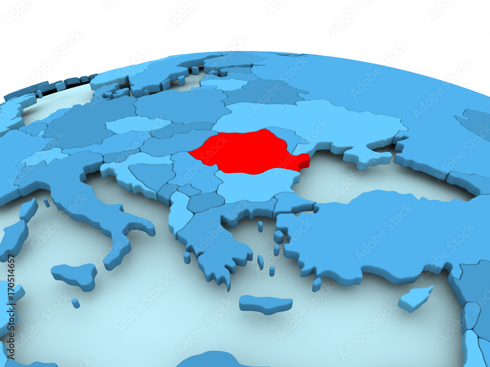 Romania on blue political globe