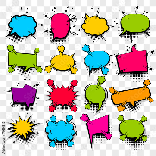 20 Big set picture blank template pop art style comic text speech bubble halftone dot background. Comics book dialog empty cloud, space cartoon box pop-art. Creative idea conversation sketch explosion
