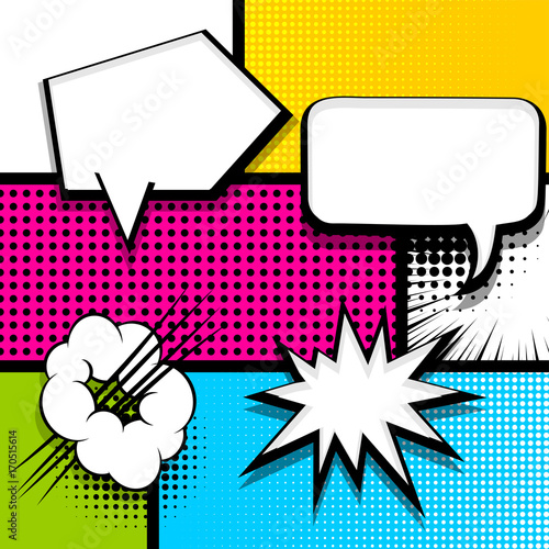Pop art comics book magazine cover template. Cartoon funny vintage strip comic superhero text, speech bubble, balloon, box message, burst bomb. Vector halftone illustration. Blank humor graphic.