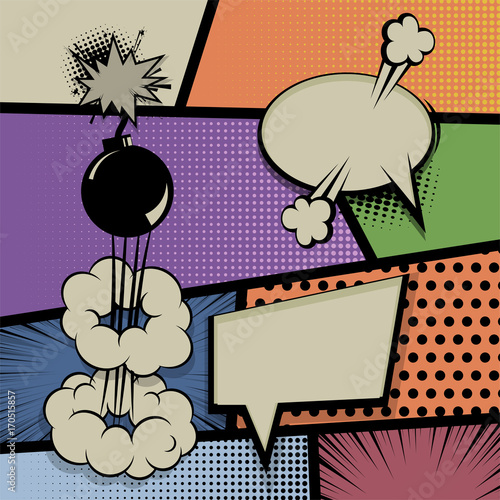 Vintage pop art comics book magazine cover template. Cartoon funny vintage strip comic superhero text, speech bubble, balloon, box message, burst bomb. Vector halftone illustration. Blank graphic