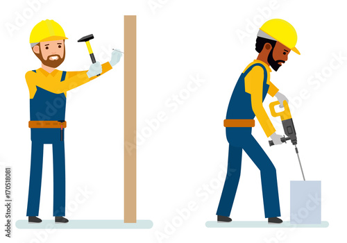Set of male construction worker, worker strikes with a hammer a nail, worker drilling concrete. Isolated against white background. Vector illustration. African American people. Cartoon flat style.