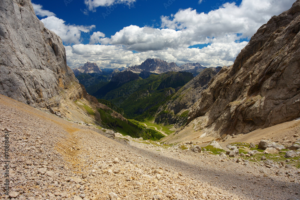 Mountain valley with peaks of Monte Civetta and Monte Pelmo, Dolomites, Italy