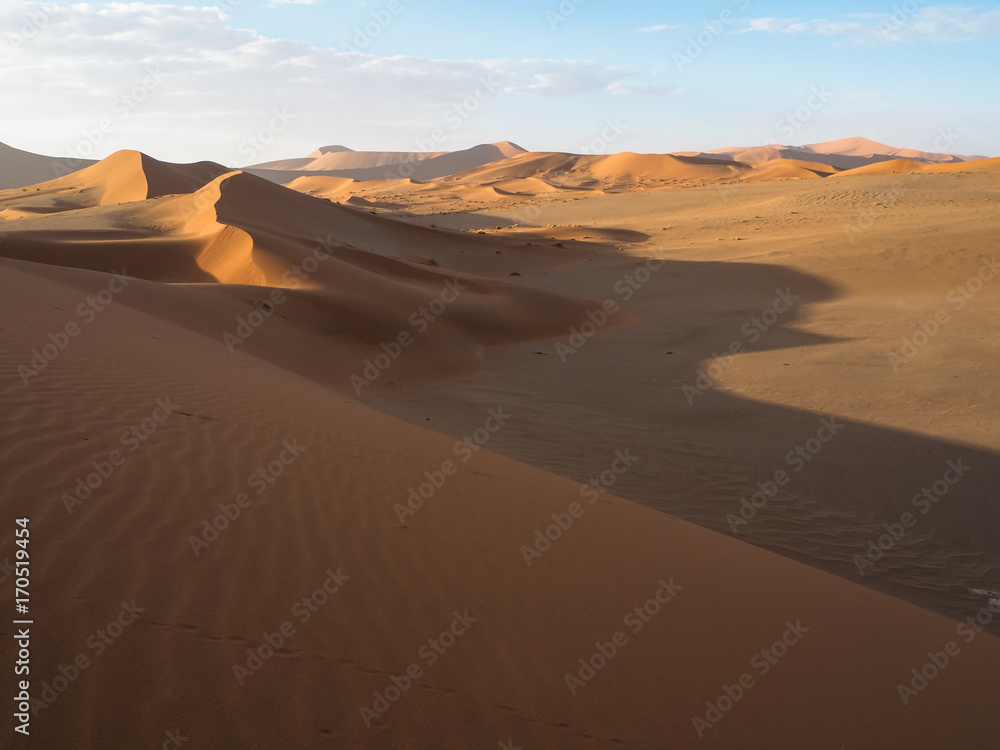 Beautiful natural curved ridge line and wind blow pattern of rusty red sand dune with soft shadow on vast desert landscape, Sossus, Namib desert