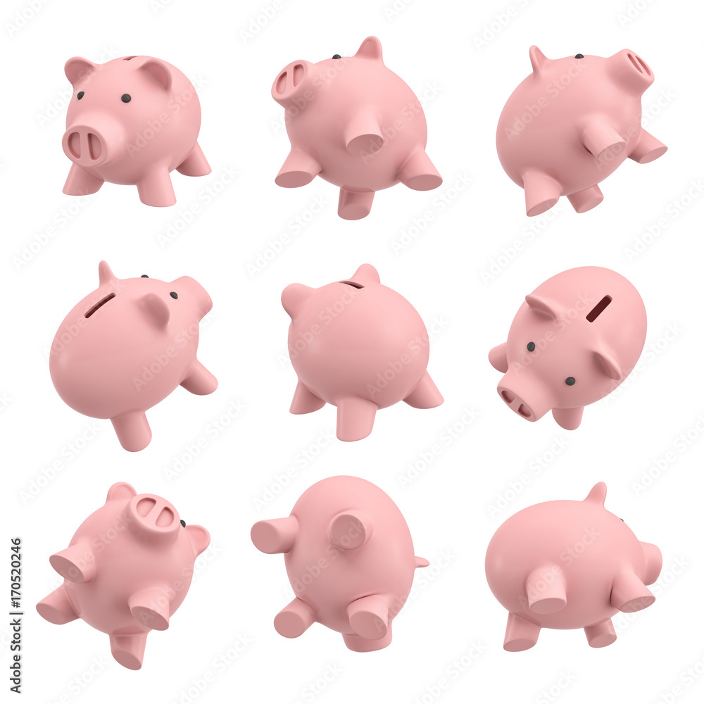 3d rendering of many piggy banks in different views from their sides, tops and bottoms. 3d rendering of many piggy banks in different views from their sides, tops and bottoms.