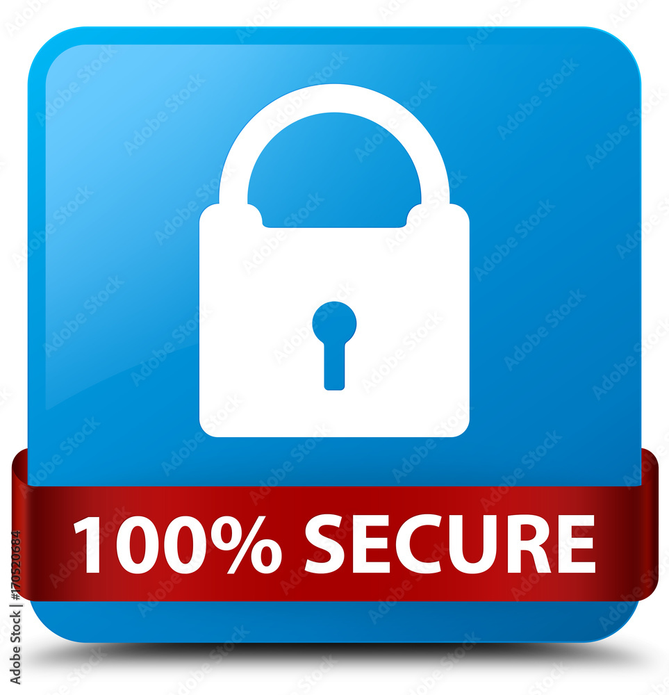 100% secure cyan blue square button red ribbon in middle 100% secure cyan blue square button red ribbon in middle