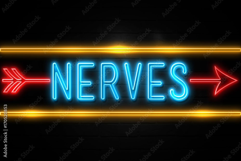 Nerves  - fluorescent Neon Sign on brickwall Front view