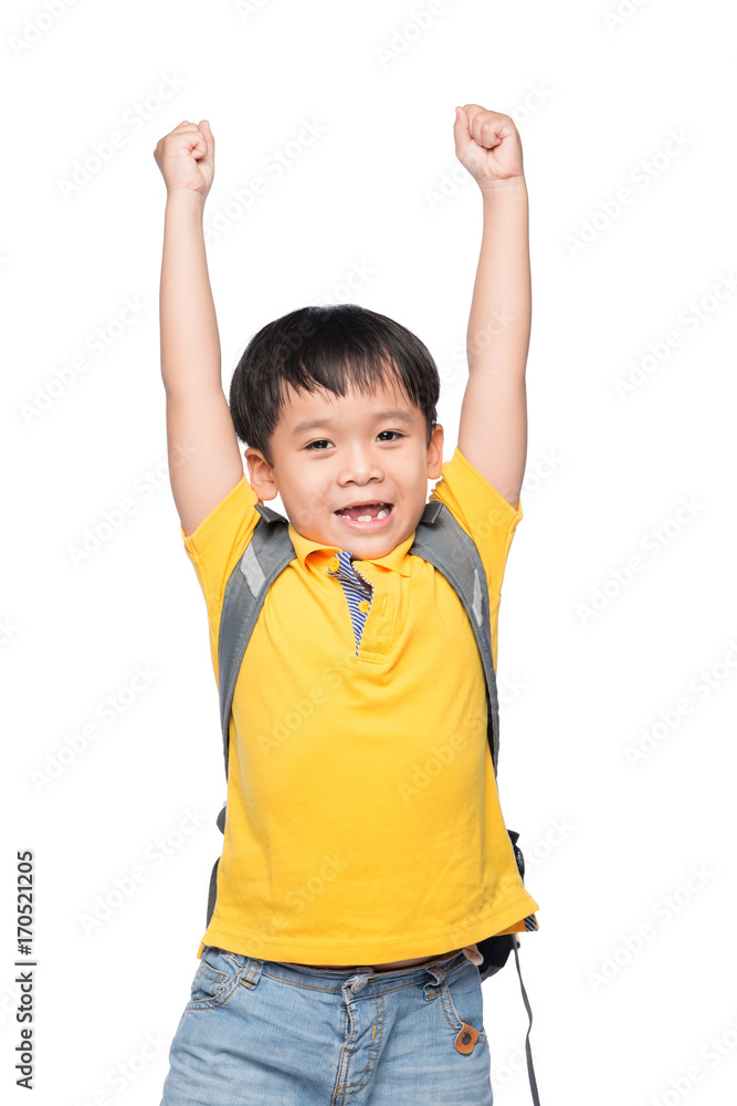 Young asian boy smile gesture hands ready to school Young asian boy smile gesture hands ready to school