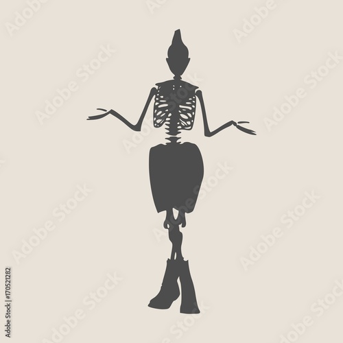 Confused and frowned skeleton standing shrugging shoulders complaining expressing anger and frustration yelling gesturing with his hands. Flat style vector illustration