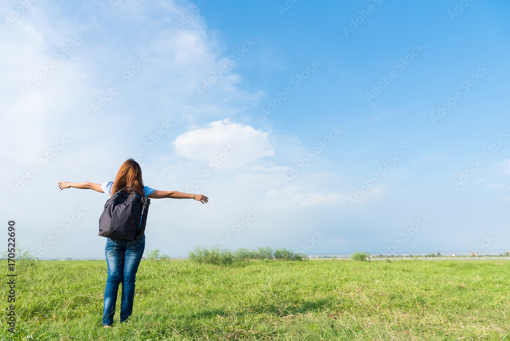 Traveler hiking photographer woman has happy and relax on vacation with blue sky in the morning. Traveler hiking photographer woman has happy and relax on vacation with blue sky in the morning.