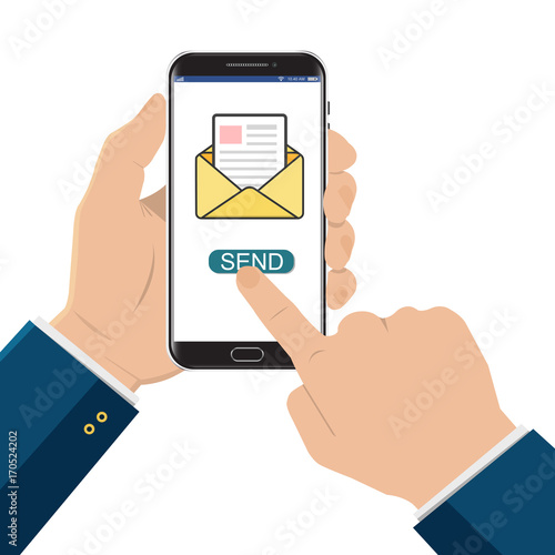 Hand touching smart phone with email symbol on the screen. New message. New email. Phone and new message. Flat vector illustration.