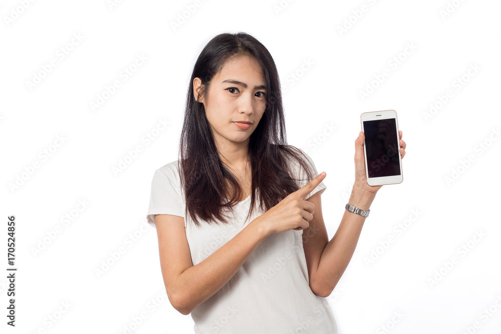 Young woman holding phone isolated on white background Young woman holding phone isolated on white background