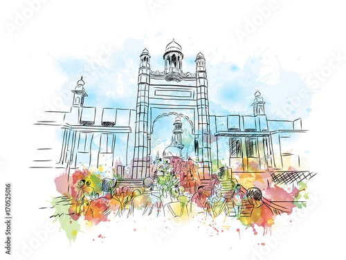 Watercolor sketch of Haji Ali Mumbai India. Vector illustration.