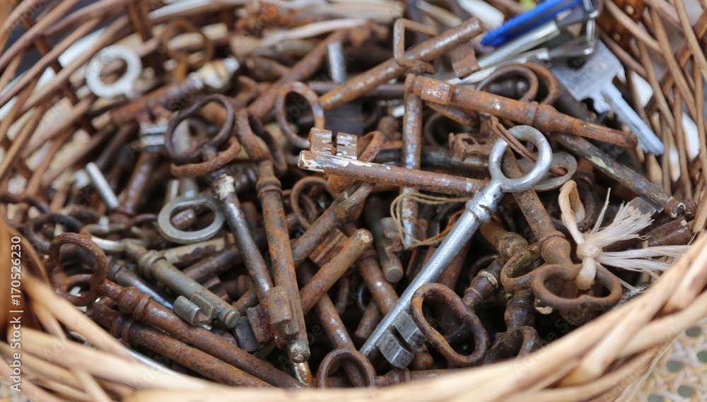 many rusty keys in the flea market