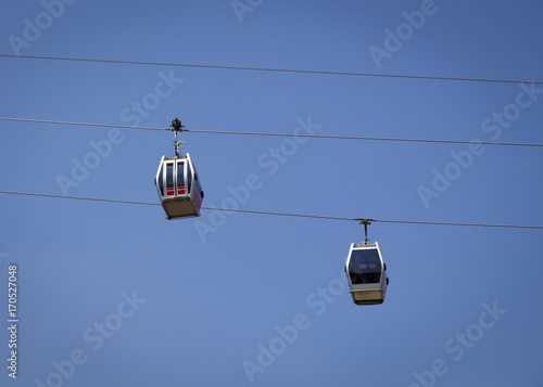 Cabins of the cable car against the blue sky.