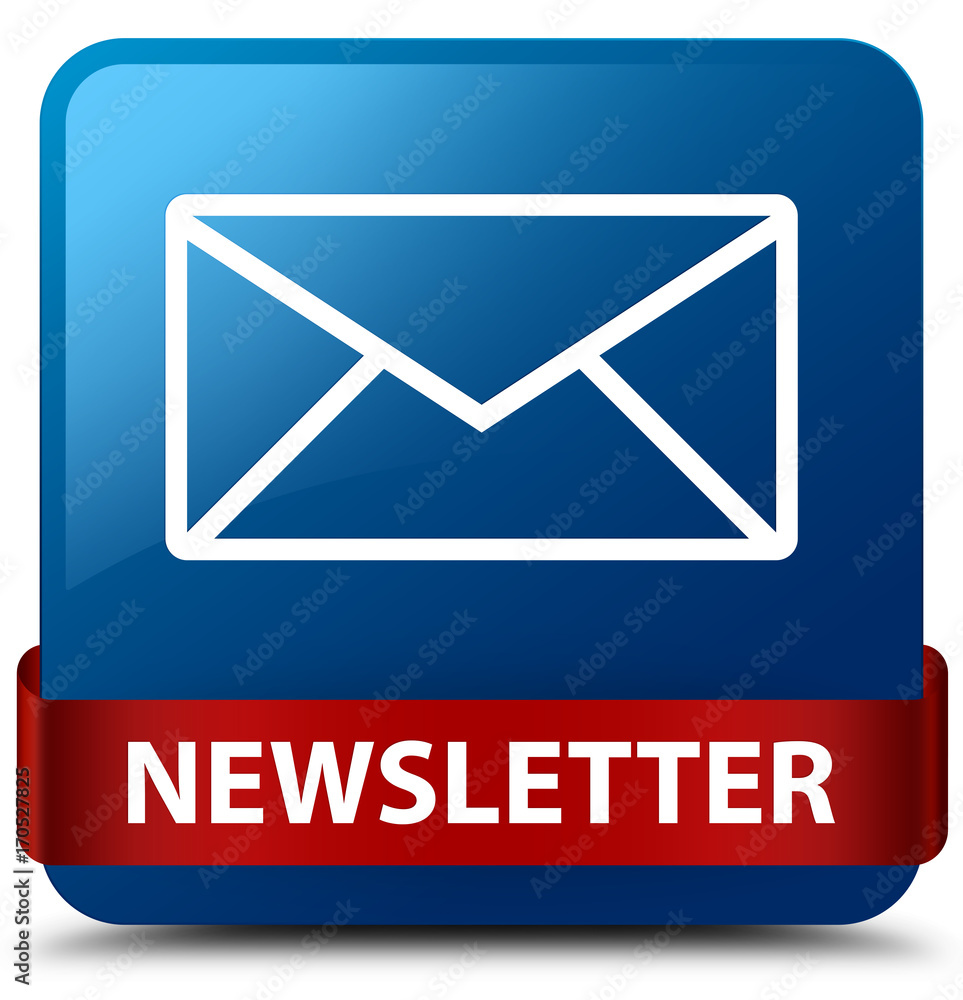 Newsletter blue square button red ribbon in middle