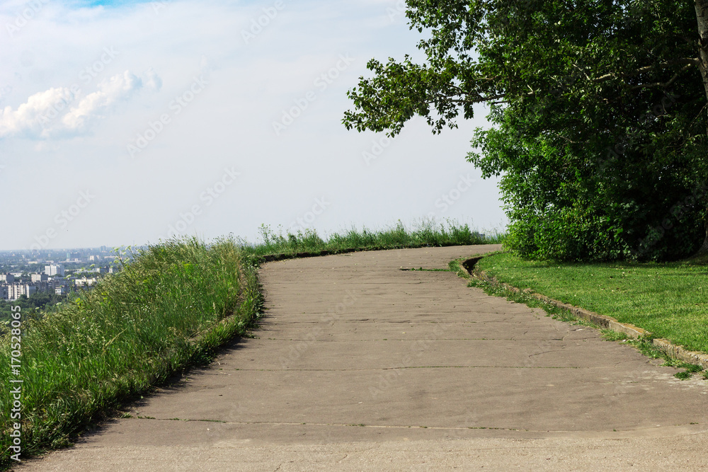 The footpath in the Park. The road leads to the top. Summer landscape.