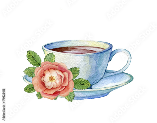 Hand drawn watercolor illustration of vintage porcelain teacup and flowers rose hips on a white background