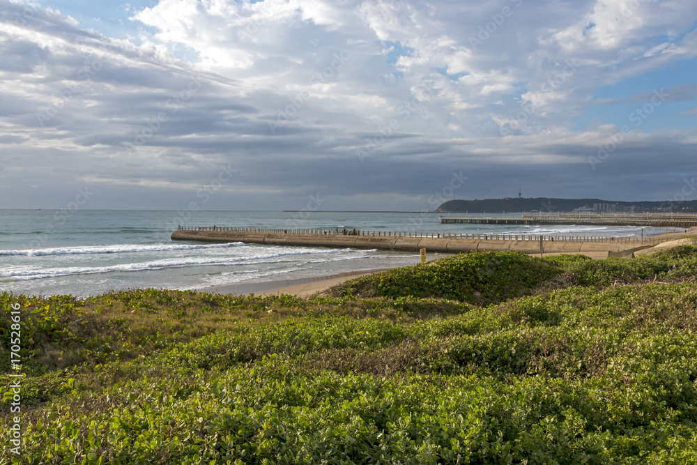 Coastal Landscape Dune Vegetation Beach Sea Against Cloudy Sky