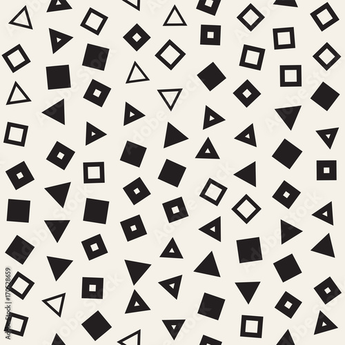 Seamless primitive jumble minimalism patterns. Randomly scattered geometric shapes. Abstract background design