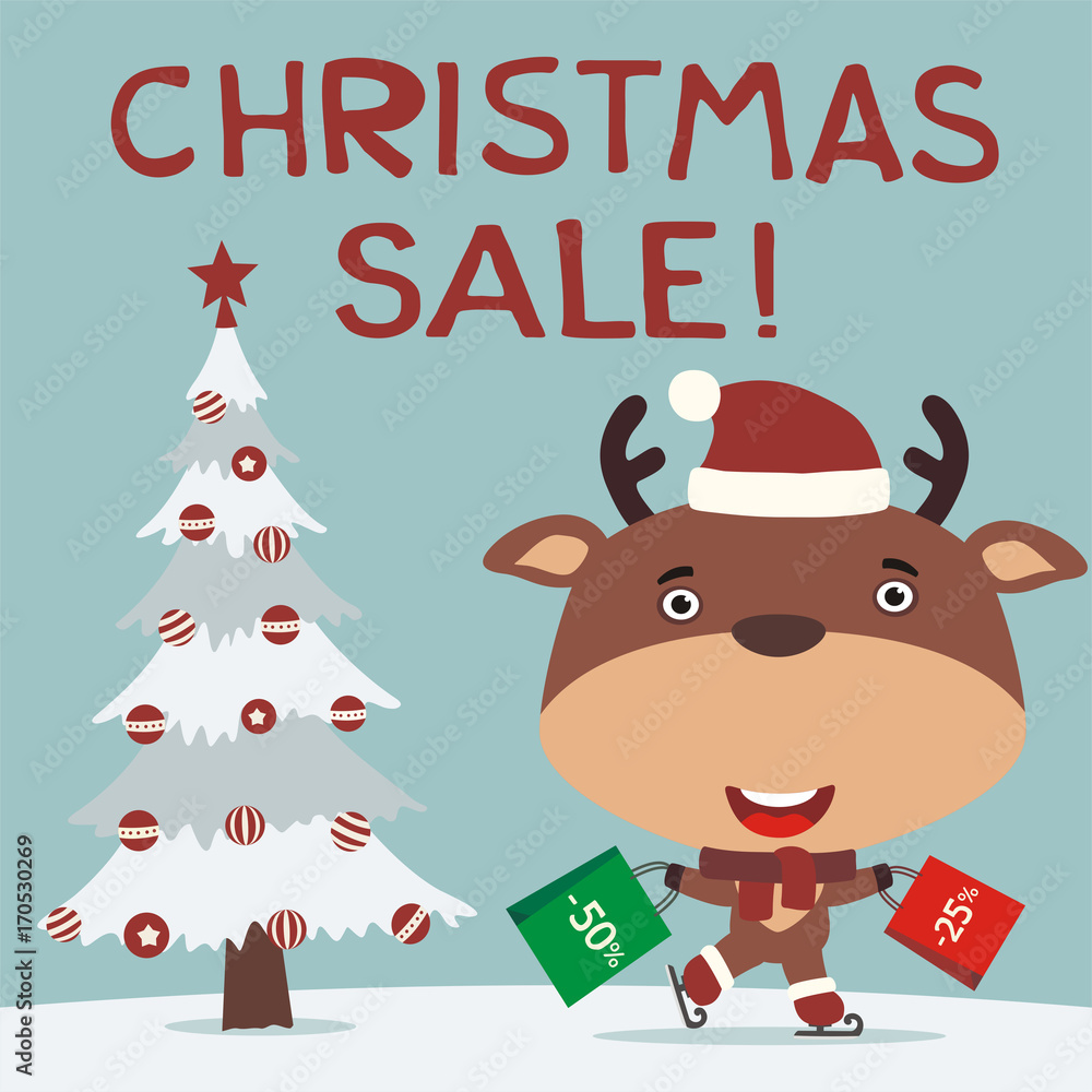 Christmas sale! Funny reindeer skating with packages shopping discounts. Christmas sale banner with reindeer in hat in cartoon style.