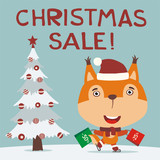 Christmas sale! Funny squirrel skating with packages shopping discounts. Christmas sale banner with squirrel in hat in cartoon style.