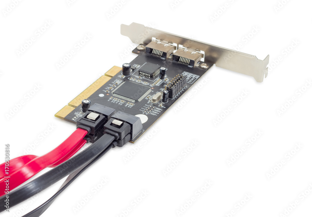 Disk array controller card with connected data cables Disk array controller card with connected data cables