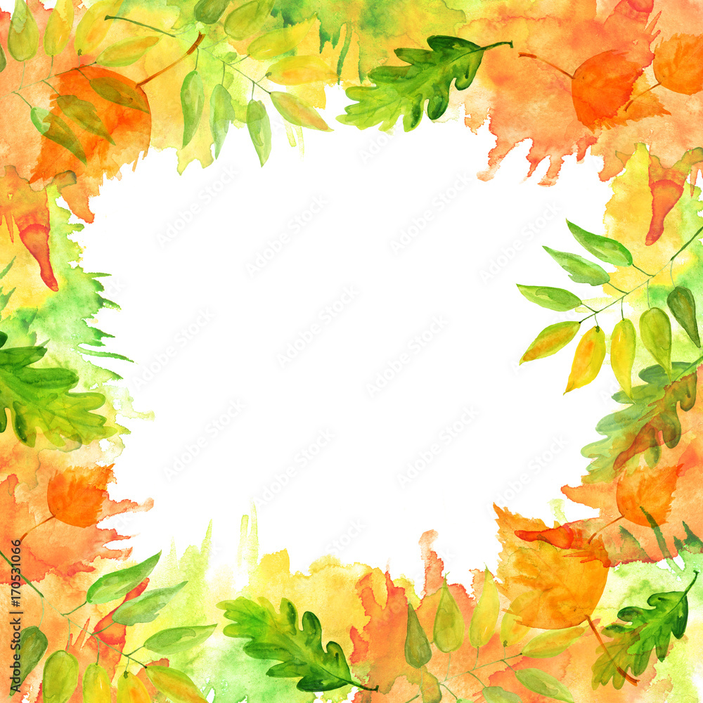     Watercolor Postcard, frame, invitation, label. Autumn watercolor greeting card, frame, card. Of the leaves of birch, oak, aspen, poplar, mountain ash and others, red, yellow, green, orange.  