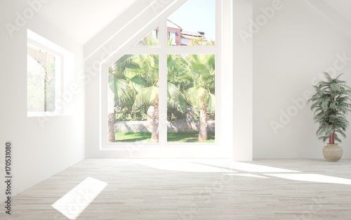 White empty room with summer landscape in window. Scandinavian interior design. 3D illustration