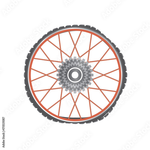 Broken metallic bicycle wheel with red spokes