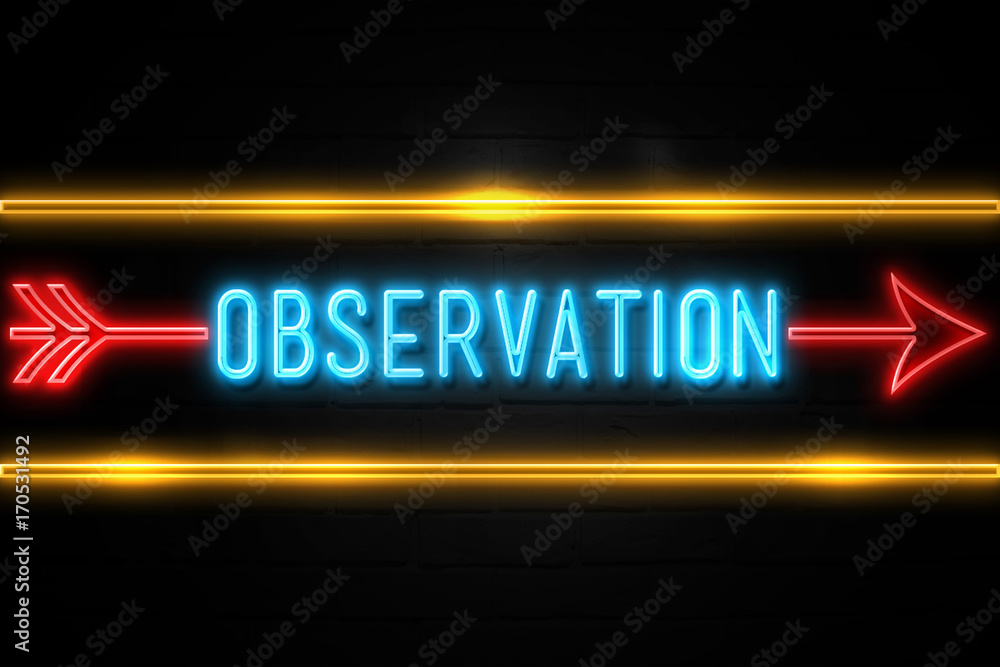 Observation  - fluorescent Neon Sign on brickwall Front view