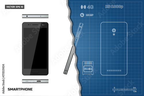 Drawing of outline smartphone. Industrial blueprint. Phone views: side, front, back. Touch telephone with the camera. Vector illustration