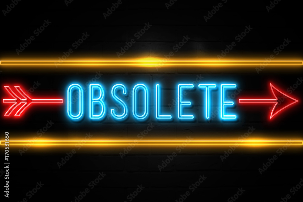 Obsolete - fluorescent Neon Sign on brickwall Front view Obsolete - fluorescent Neon Sign on brickwall Front view