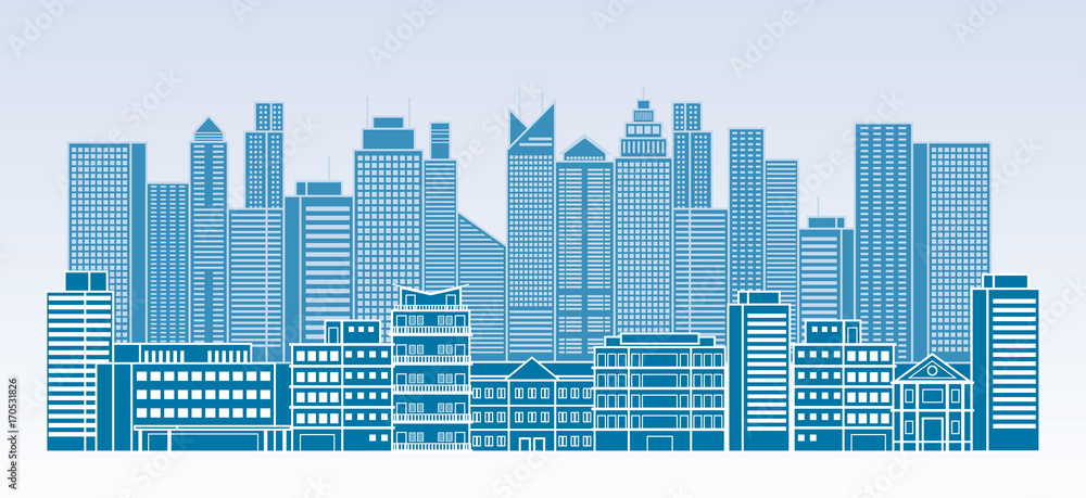 Buildings and Skyscrapers Line Blue Background, Cityscape, City, Residential, Silhouette