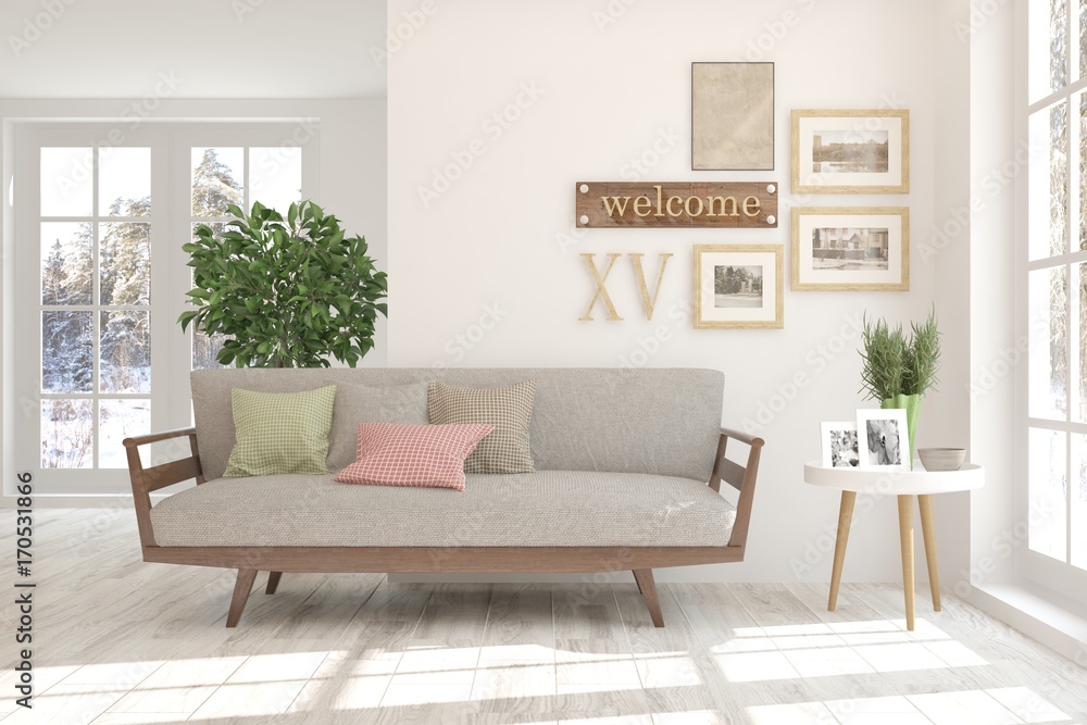 Idea of white minimalist room with sofa. Scandinavian interior design. 3D illustration Idea of white minimalist room with sofa. Scandinavian interior design. 3D illustration