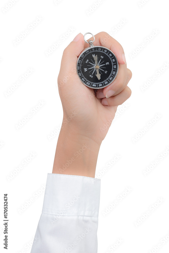 closeup compass in hand isolated on white background closeup compass in hand isolated on white background