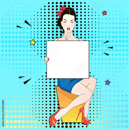 Pop Art Vintage advertising poster comic girl in blue dress and red labutenes sits and holds a white banner. Vector illustration
