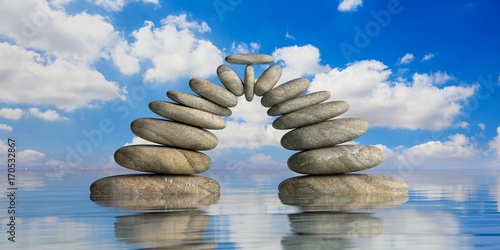 Zen stones on blue sea and sky background. 3d illustration