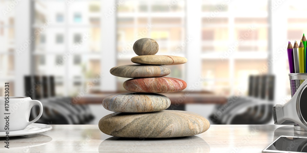 Zen stones stack on a desk, office background. 3d illustration - obrazy, fototapety, plakaty 