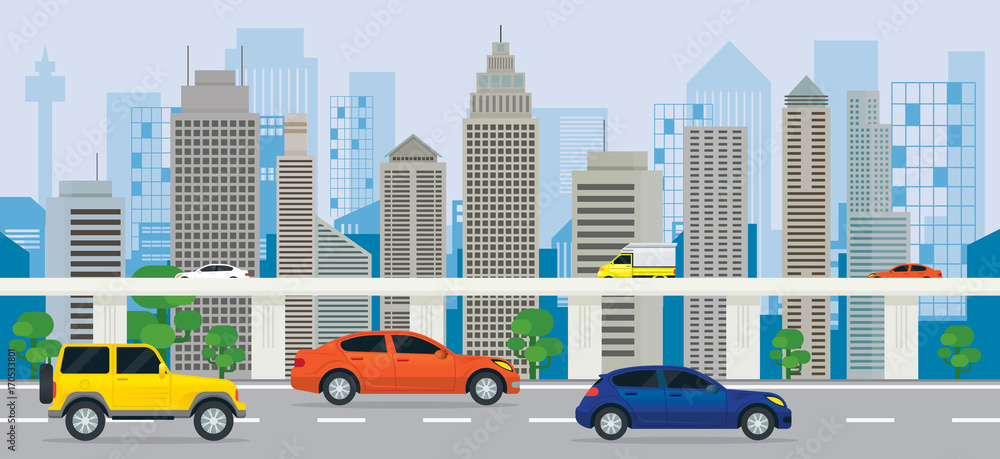 City Building with Cars on the Road and Expressway, Side View, Transportation, Cityscape Skyline City Building with Cars on the Road and Expressway, Side View, Transportation, Cityscape Skyline