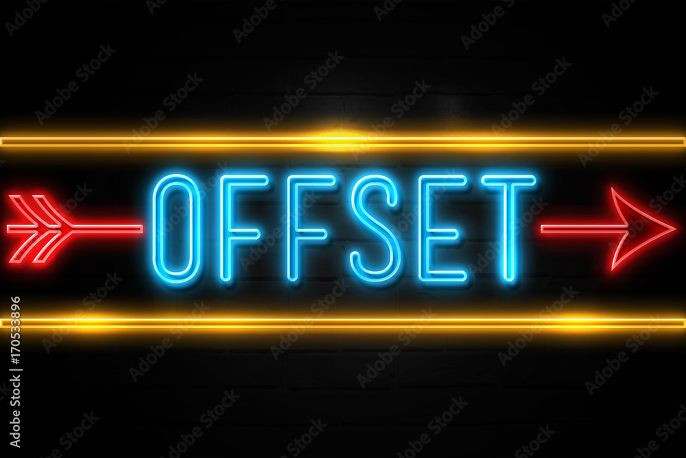 Offset  - fluorescent Neon Sign on brickwall Front view