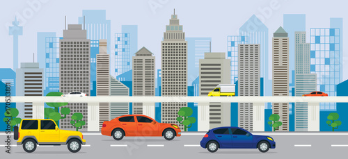 City Building with Cars on the Road and Expressway  Side View  Transportation  Cityscape Skyline