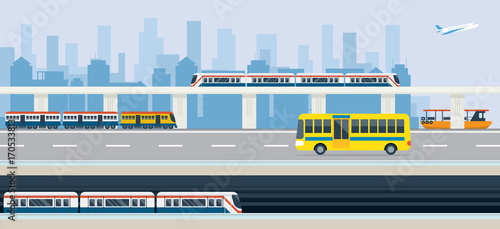City, Public Transport and Transit, Bus, Train, Skytrain, Metro, Boat and Airplane