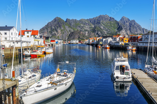 Scenic view of the waterfront harbor in Henningsvaer in summer