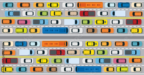 Vehicles on Road with Traffic Jam, Top or Above View
