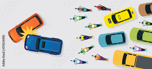 Cars Accident with Traffic Jam Top or Above View