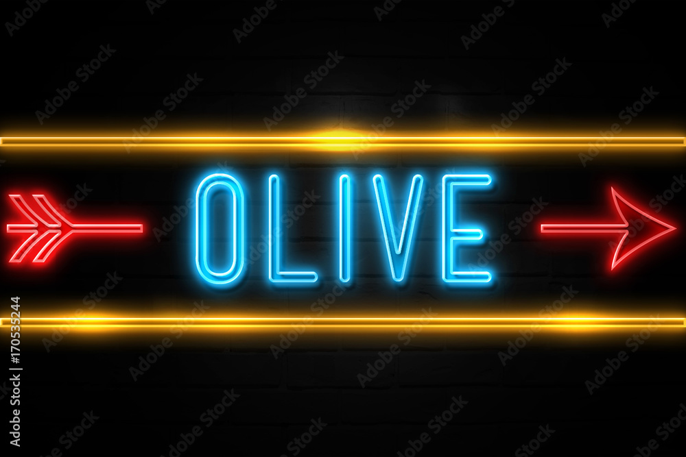 Fototapeta premium Olive - fluorescent Neon Sign on brickwall Front view