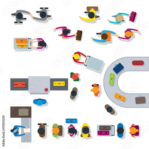 Crowd of People in Airport, Top or Above View, Process, Departure