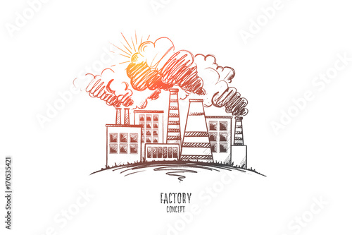 Factory concept. Hand drawn chemical plant urban landscape. Modern factory outside view isolated vector illustration.