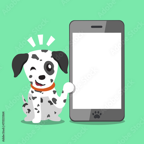 Cartoon character dalmatian dog and smartphone