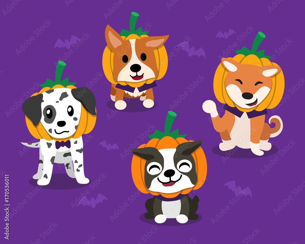 Fototapeta premium Vector cartoon happy halloween cute dogs